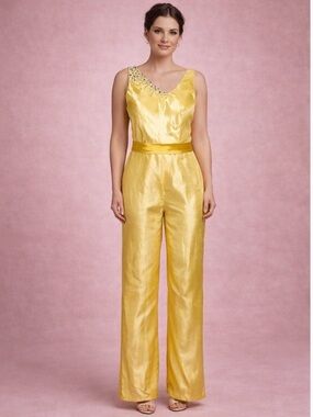 Yellow Satin Wide-Leg Jumpsuit with Embellished One-Shoulder